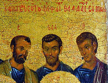Апостолы Симон, Фаддей, Иаков Алфеев. Фрагмент иконы Двенадцать апостолов. 1-я четв. XIV в. (ГМИИ)